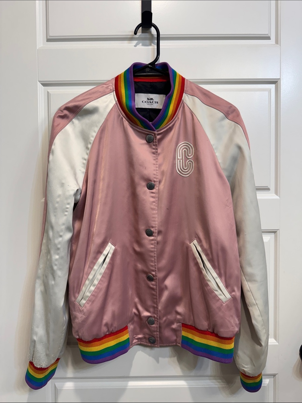 Coach Pink and White Satin Bomber Jacket with Rainbow Pride Trim